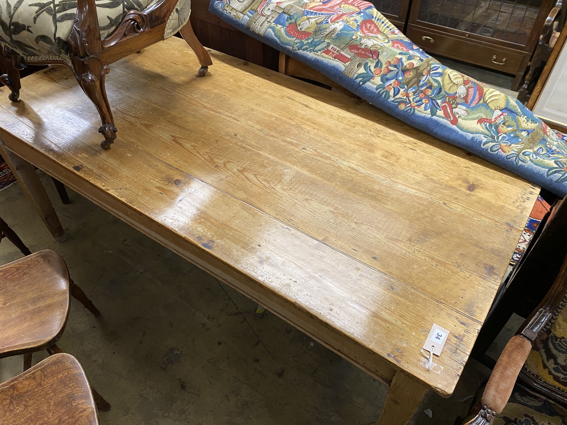 A Victorian rectangular pine kitchen table, fitted drawer, length 182cm, width 87cm, height 74cm